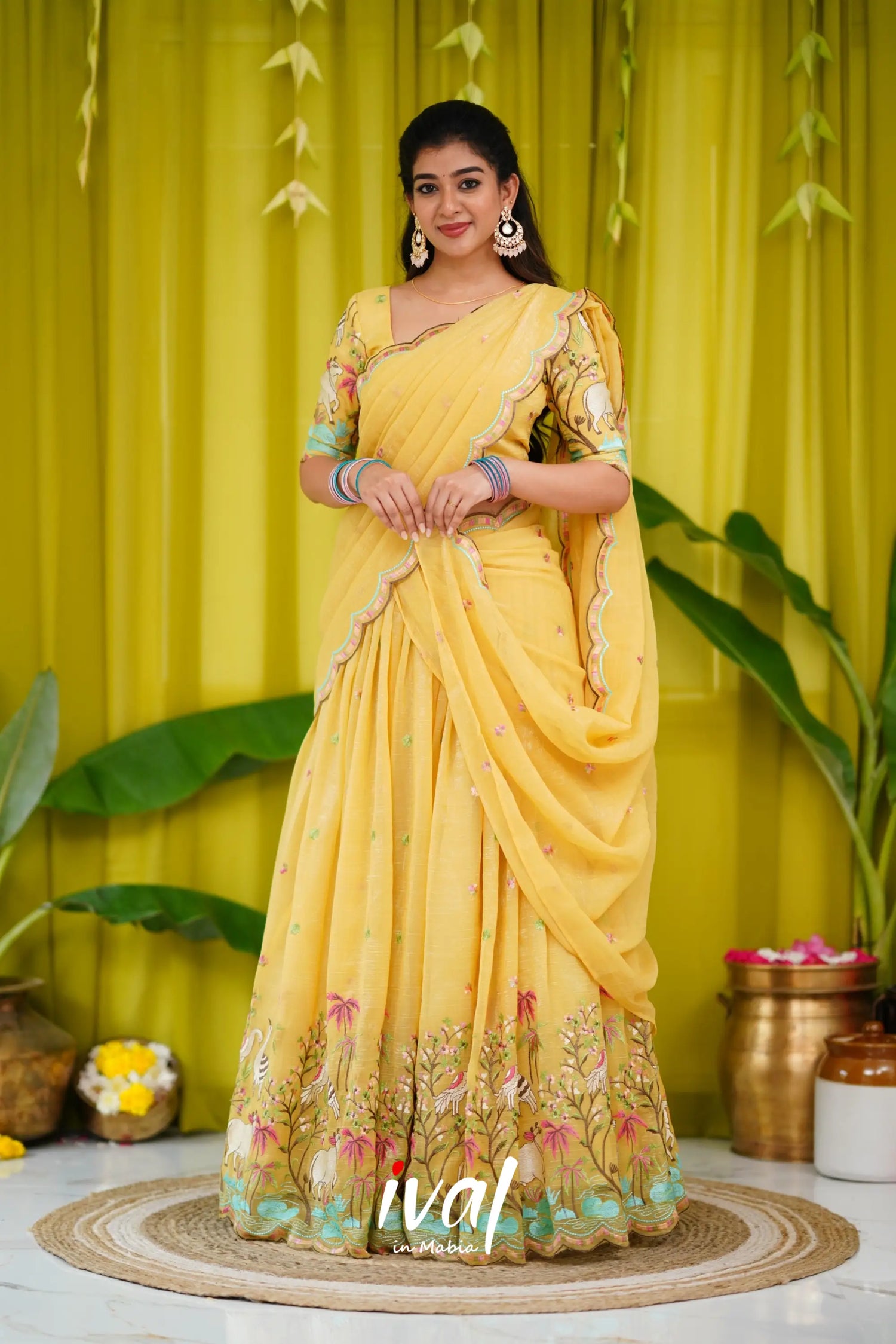 Prachi Metallic Chiffon Half Saree - Yellow Sarees