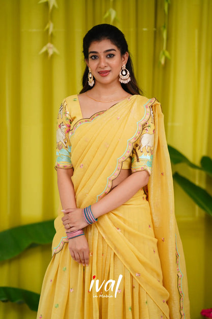 Prachi Metallic Chiffon Half Saree - Yellow Sarees