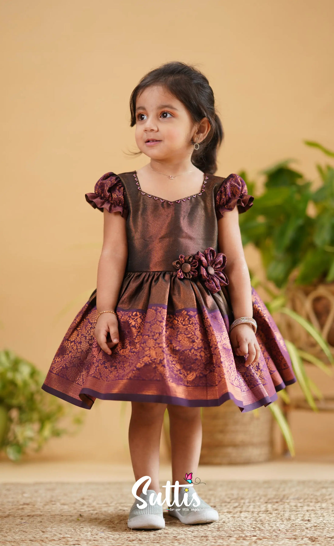 Raaga - Antique Brown Shade And Dark Purple Tone Blended Silk Frock Kids-Suttis