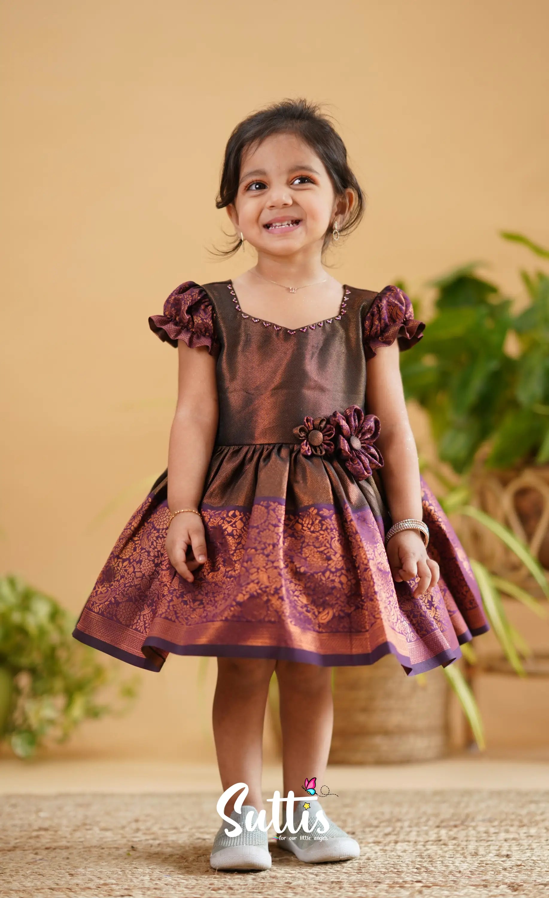 Raaga - Antique Brown Shade And Dark Purple Tone Blended Silk Frock Kids-Suttis