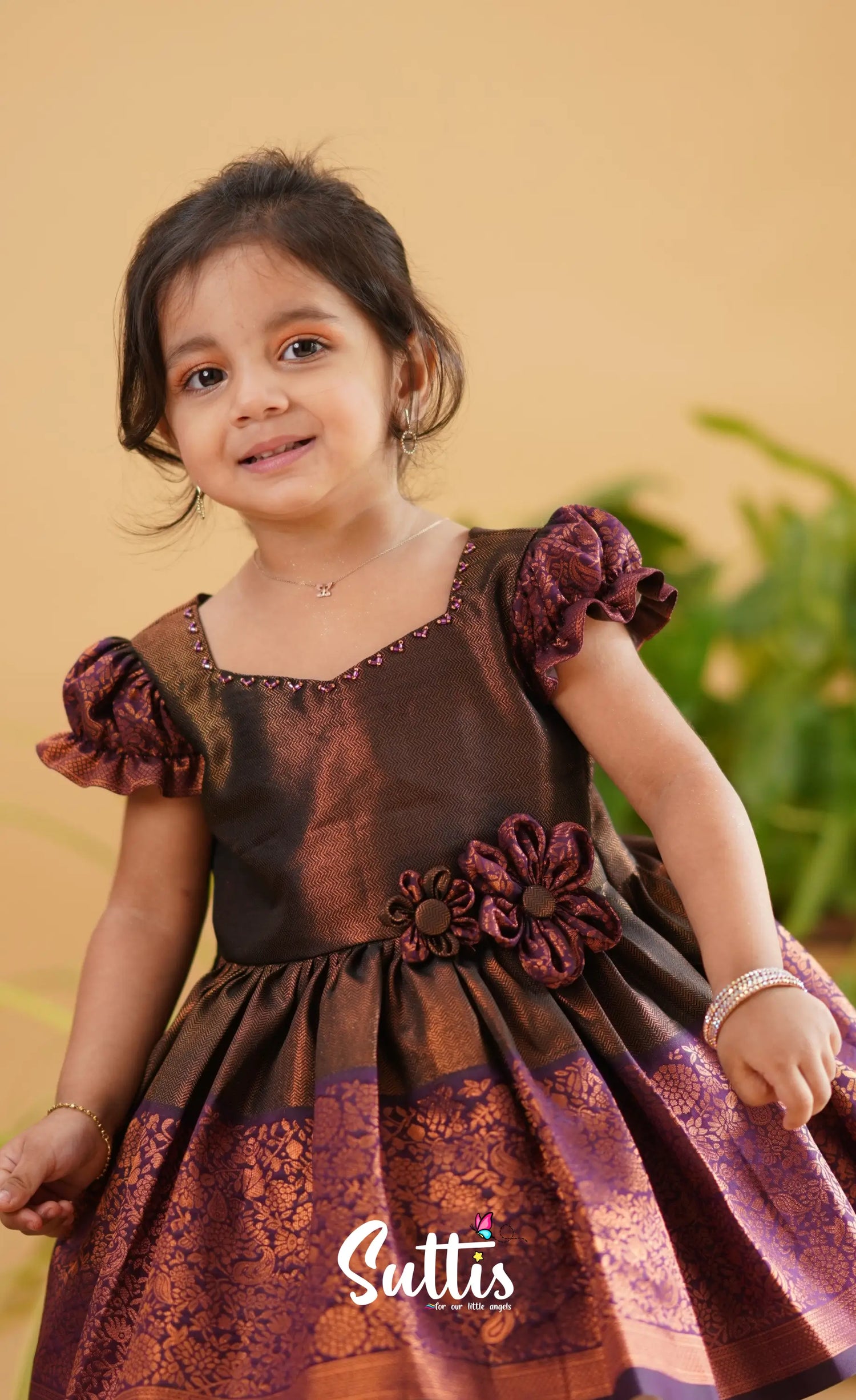 Raaga - Antique Brown Shade And Dark Purple Tone Blended Silk Frock Kids-Suttis