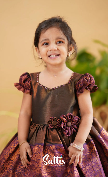 Raaga - Antique Brown Shade And Dark Purple Tone Blended Silk Frock Kids-Suttis