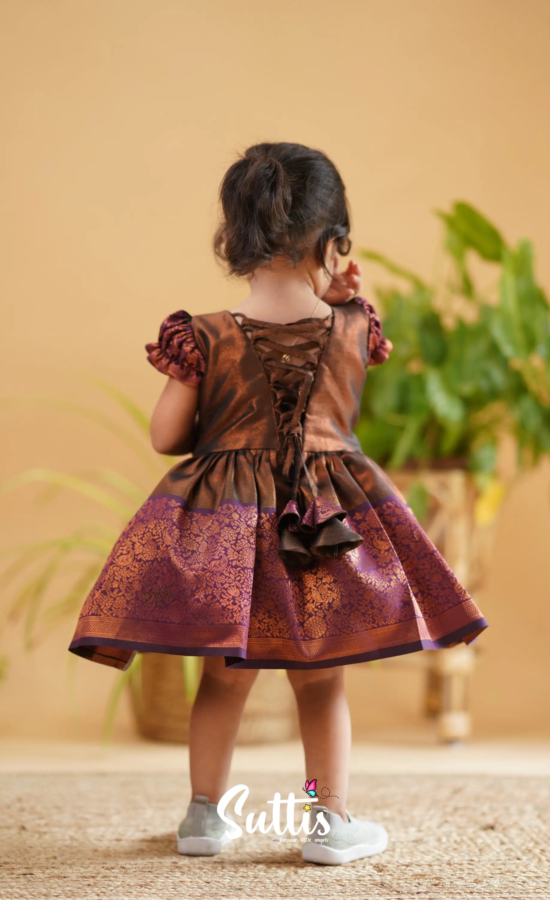 Raaga - Antique Brown Shade And Dark Purple Tone Blended Silk Frock Kids-Suttis