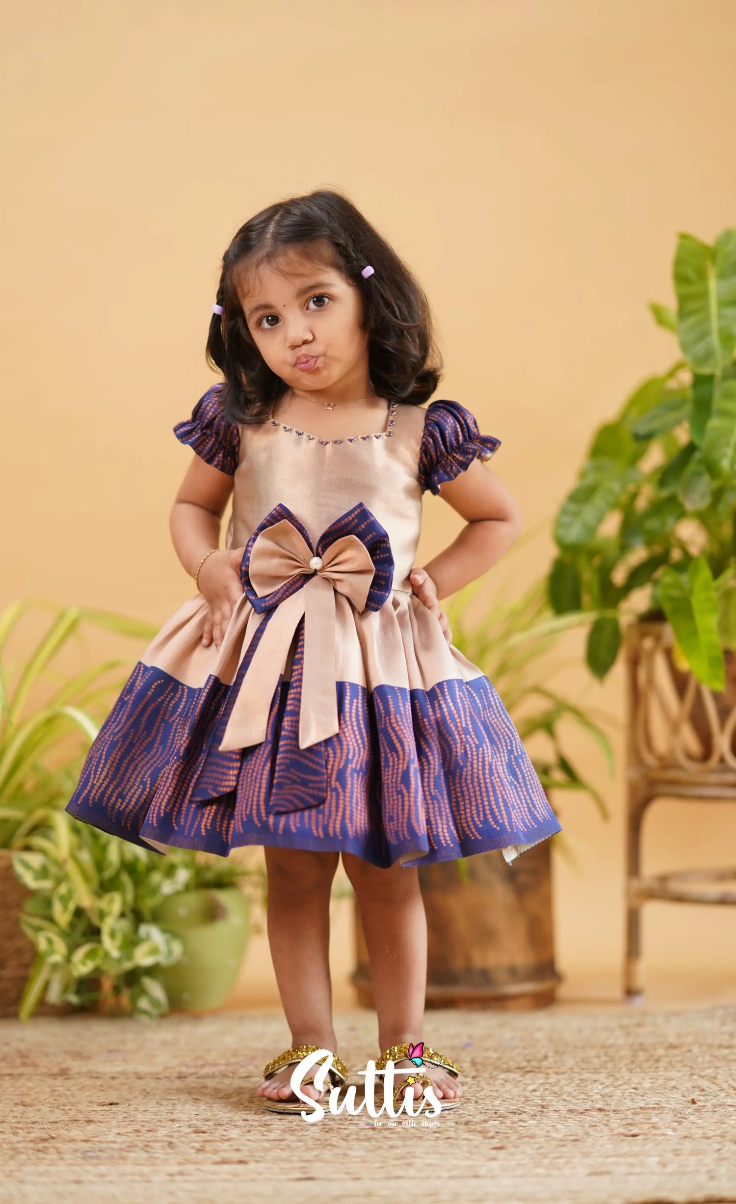 Raaga - Cream Shade And Dark Blue Tone Blended Silk Frock Kids-Suttis