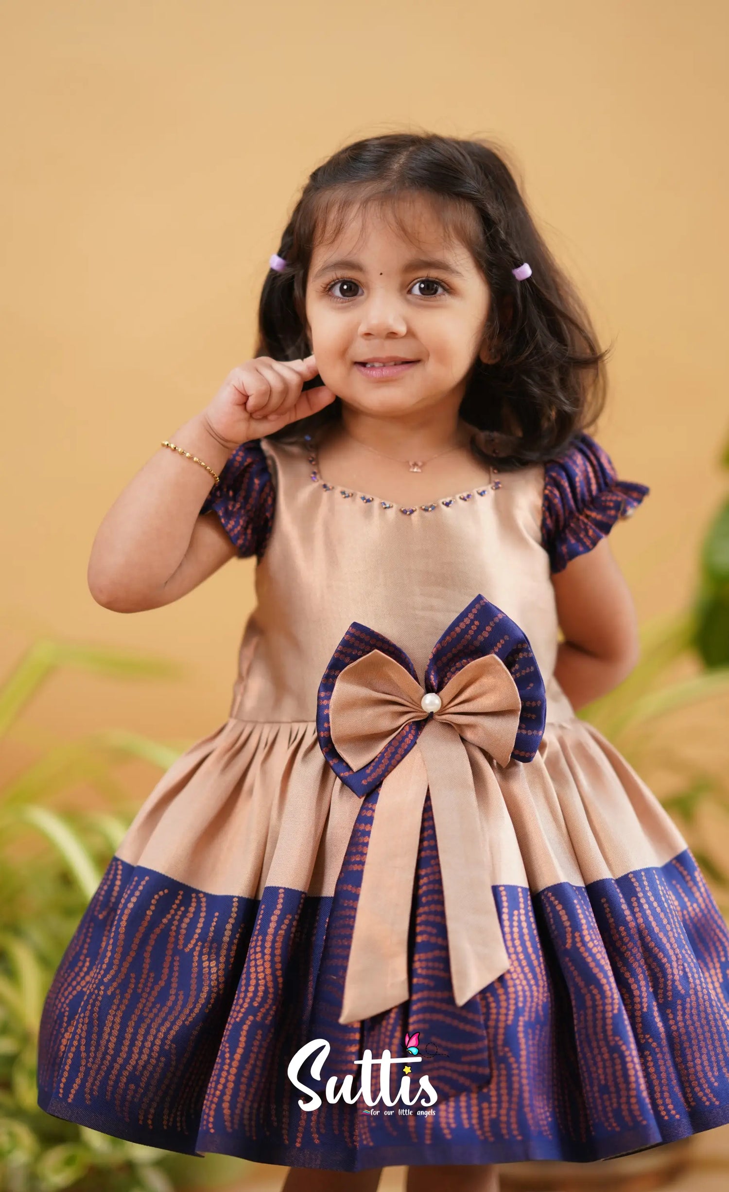 Raaga - Cream Shade And Dark Blue Tone Blended Silk Frock Kids-Suttis