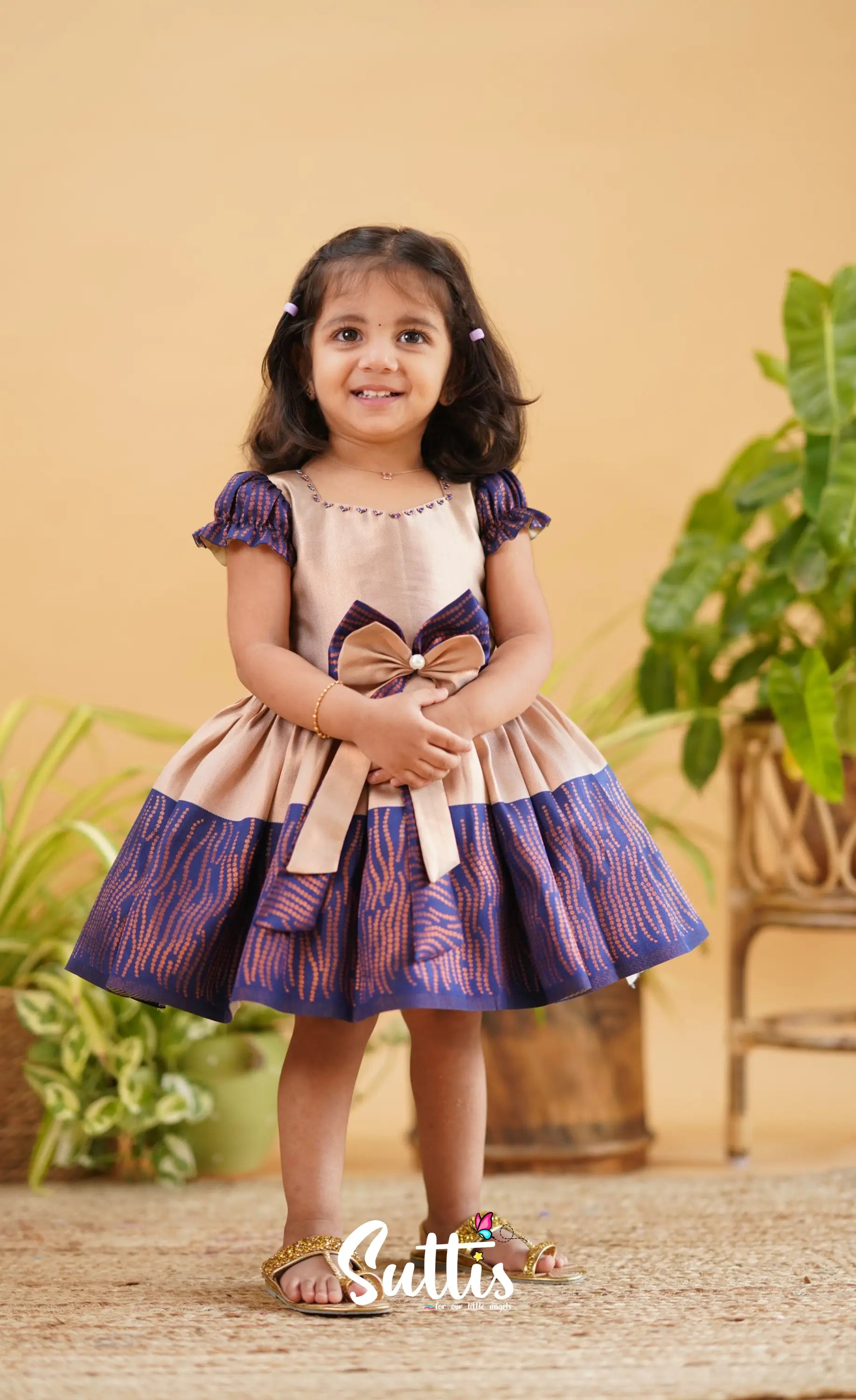 Raaga - Cream Shade And Dark Blue Tone Blended Silk Frock Kids-Suttis