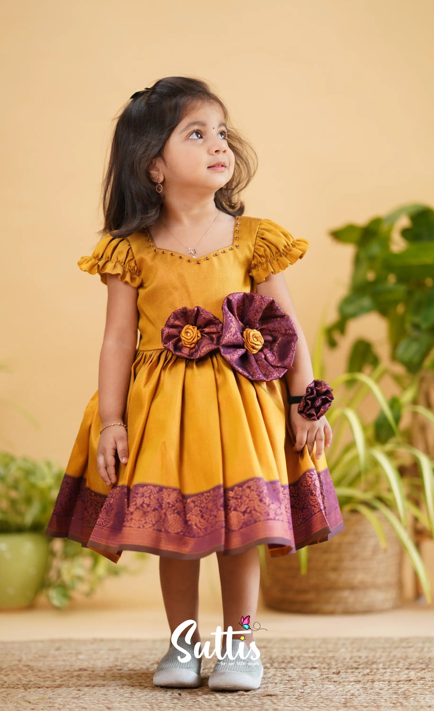 Raaga - Deep Yellow Shade And Dark Purple Tone Blended Silk Frock Kids-Suttis