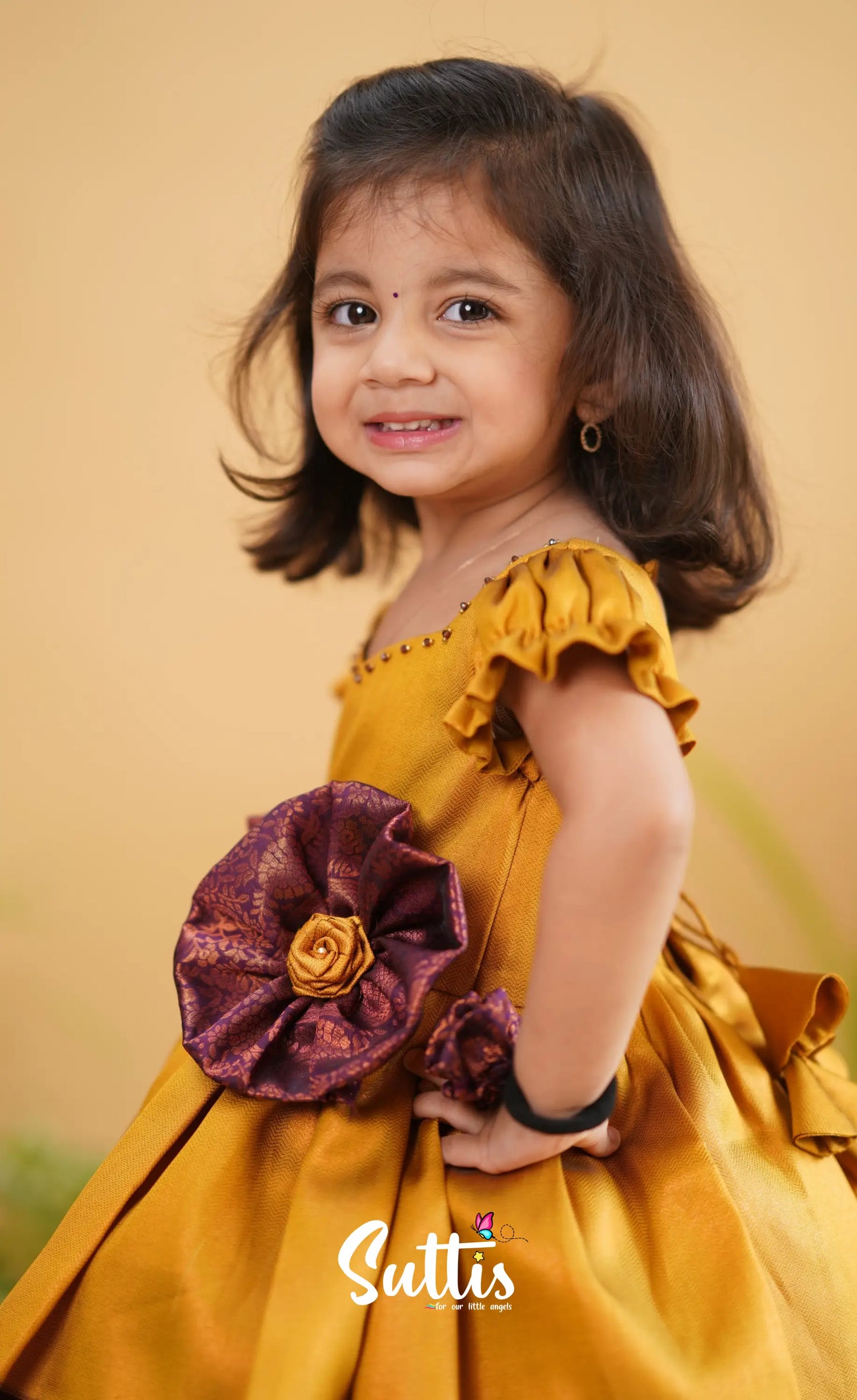 Raaga - Deep Yellow Shade And Dark Purple Tone Blended Silk Frock Kids-Suttis