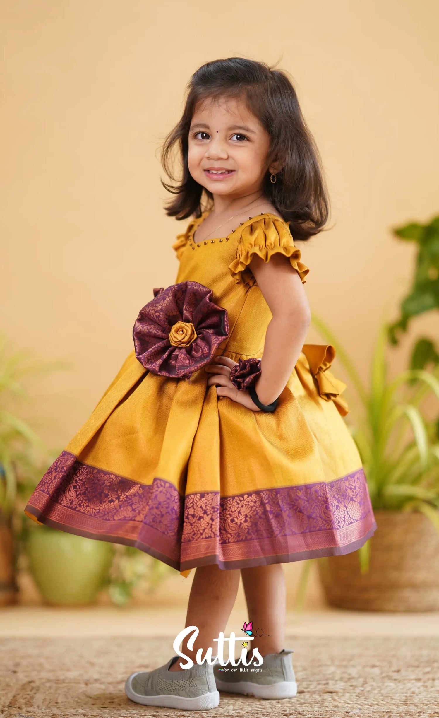 Raaga - Deep Yellow Shade And Dark Purple Tone Blended Silk Frock Kids-Suttis