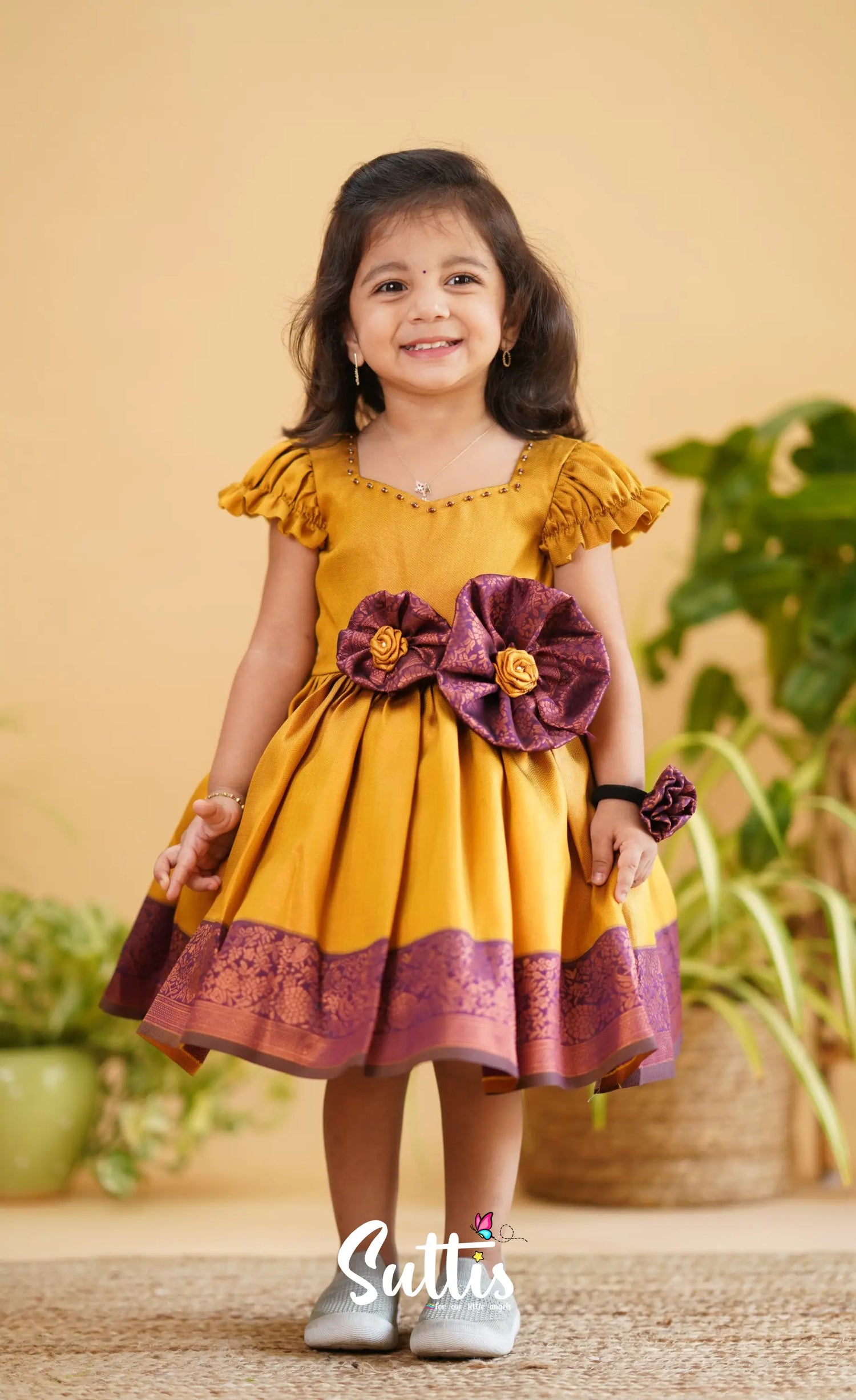 Raaga - Deep Yellow Shade And Dark Purple Tone Blended Silk Frock Kids-Suttis