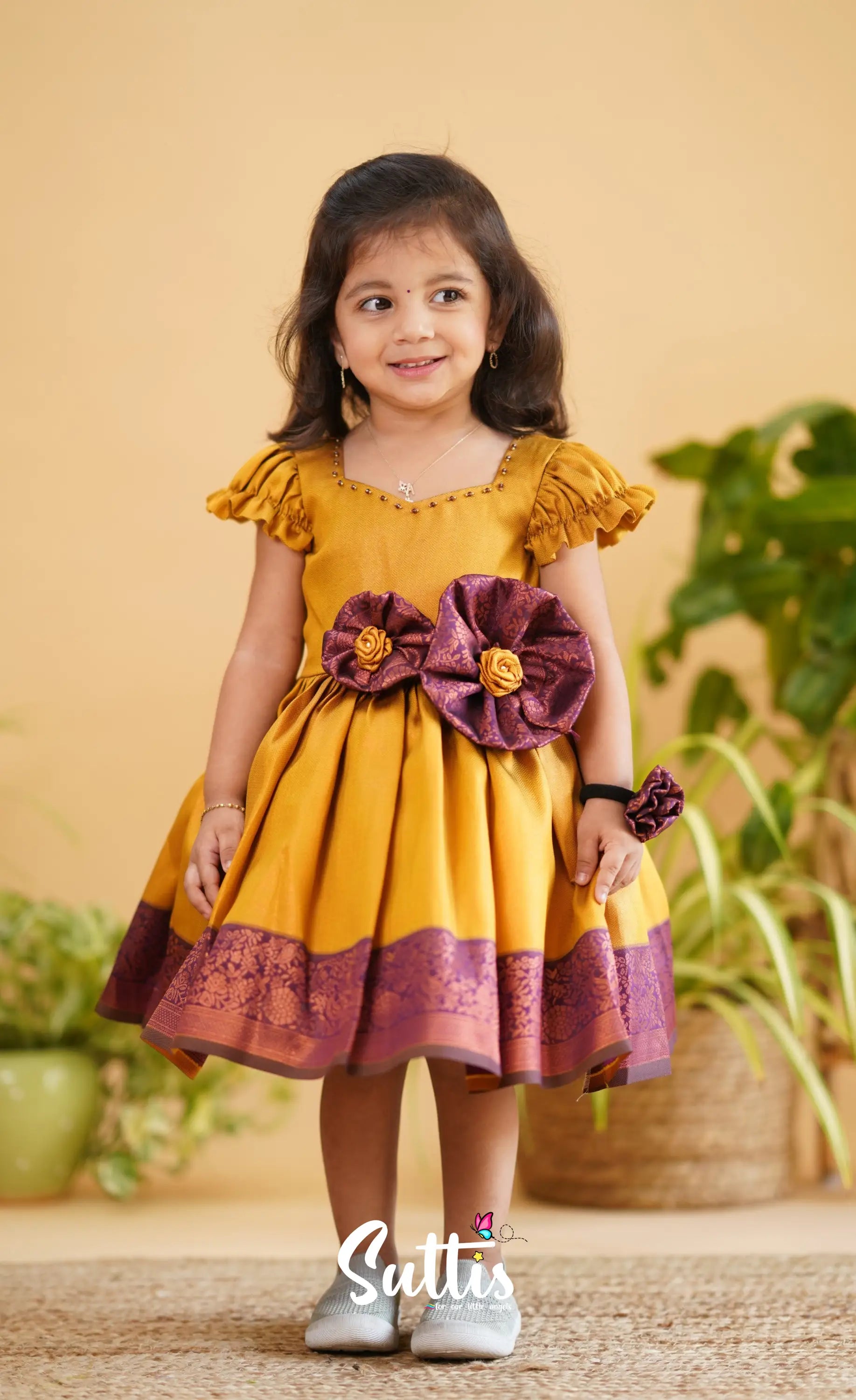 Raaga - Deep Yellow Shade And Dark Purple Tone Blended Silk Frock Kids-Suttis