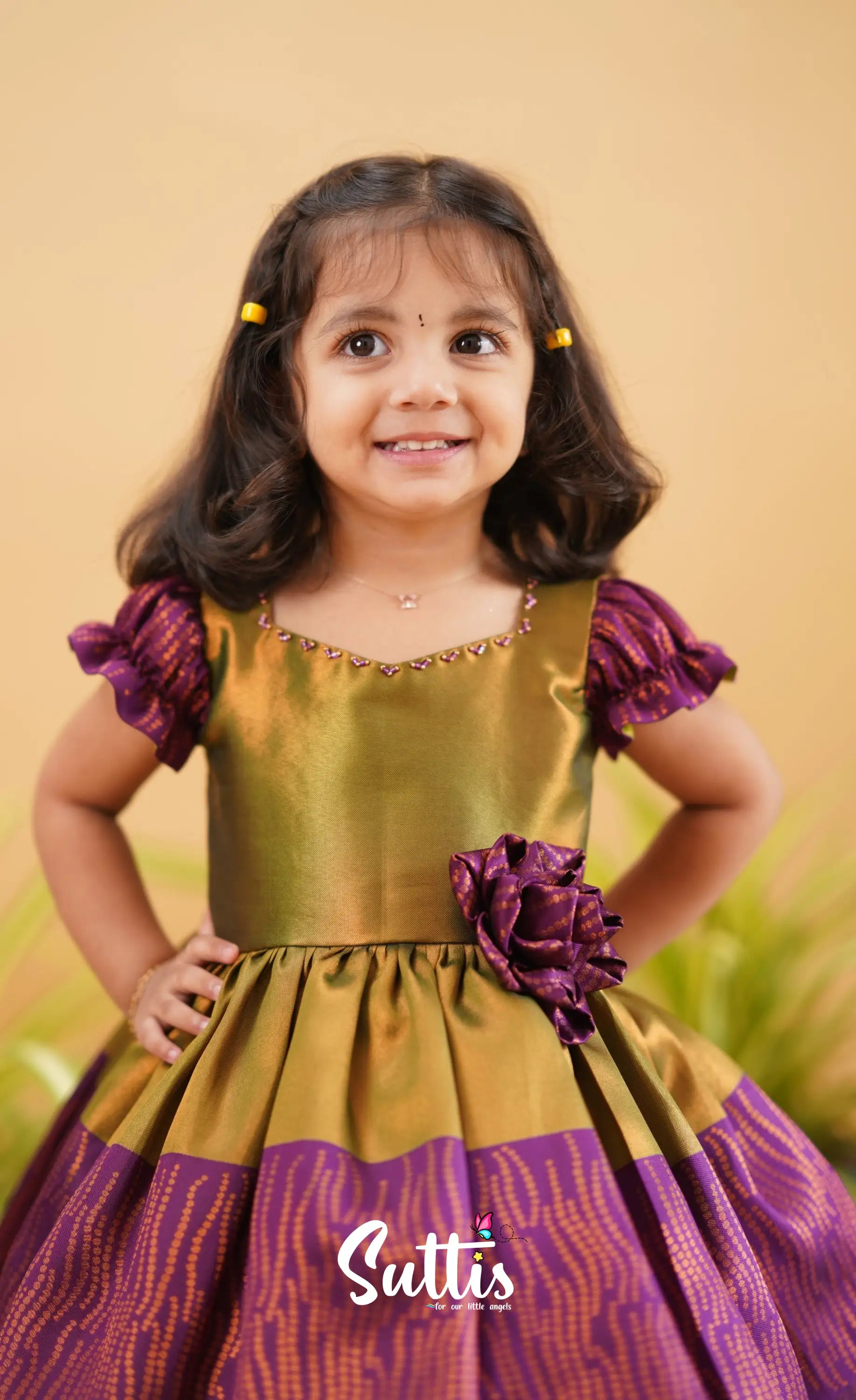 Raaga - Green Shade And Magenta Tone Blended Silk Frock Kids-Suttis