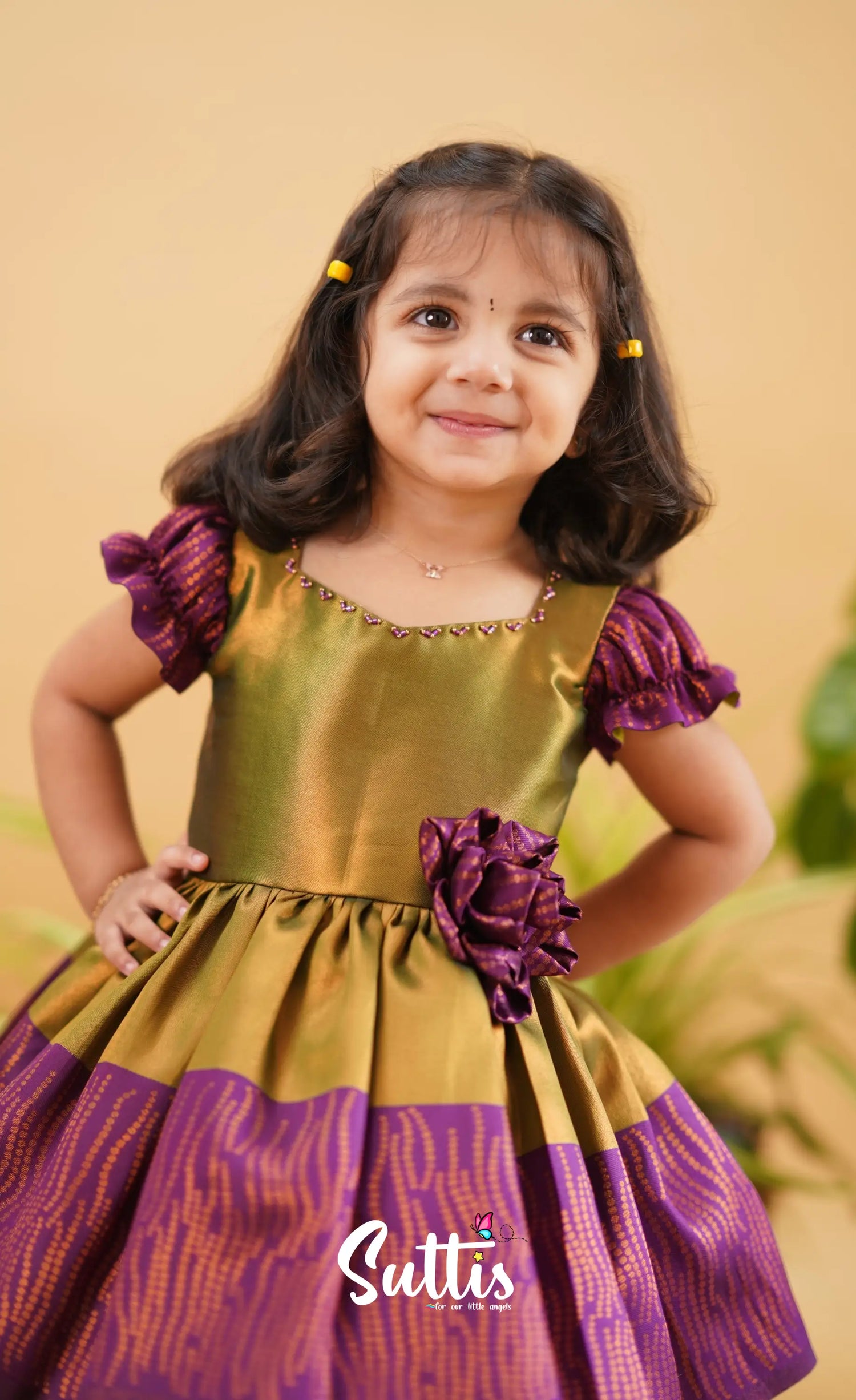 Raaga - Green Shade And Magenta Tone Blended Silk Frock Kids-Suttis