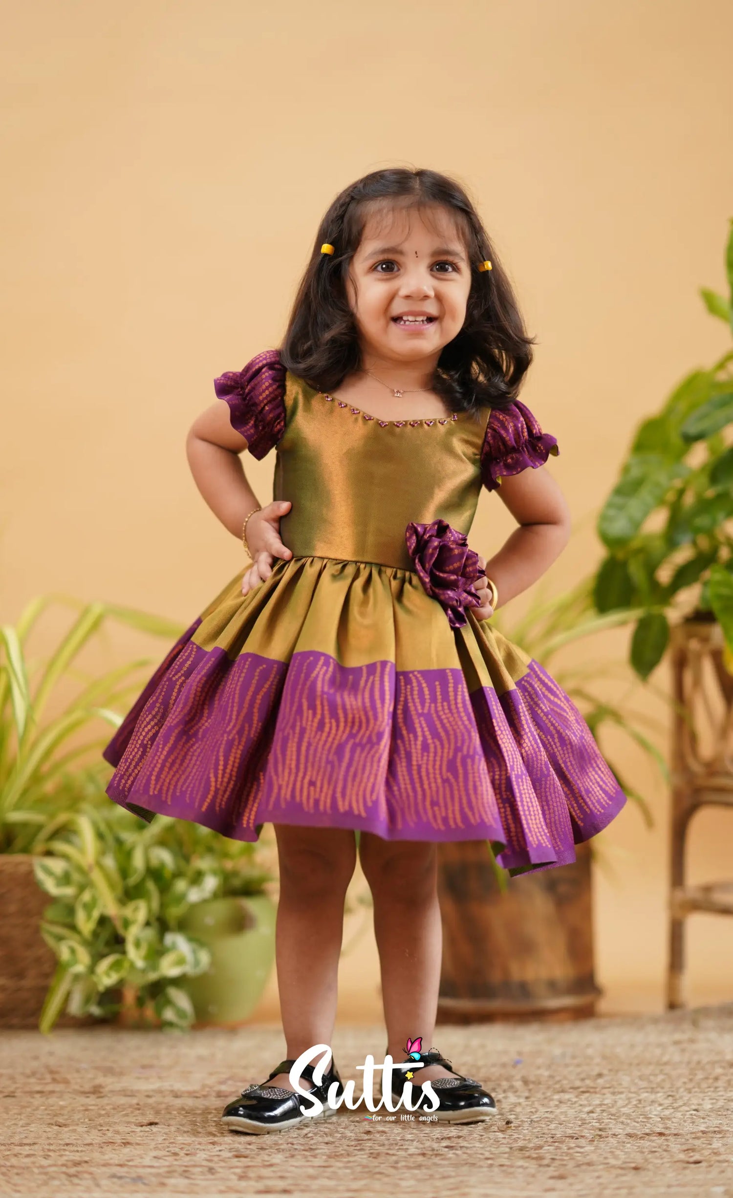 Raaga - Green Shade And Magenta Tone Blended Silk Frock Kids-Suttis