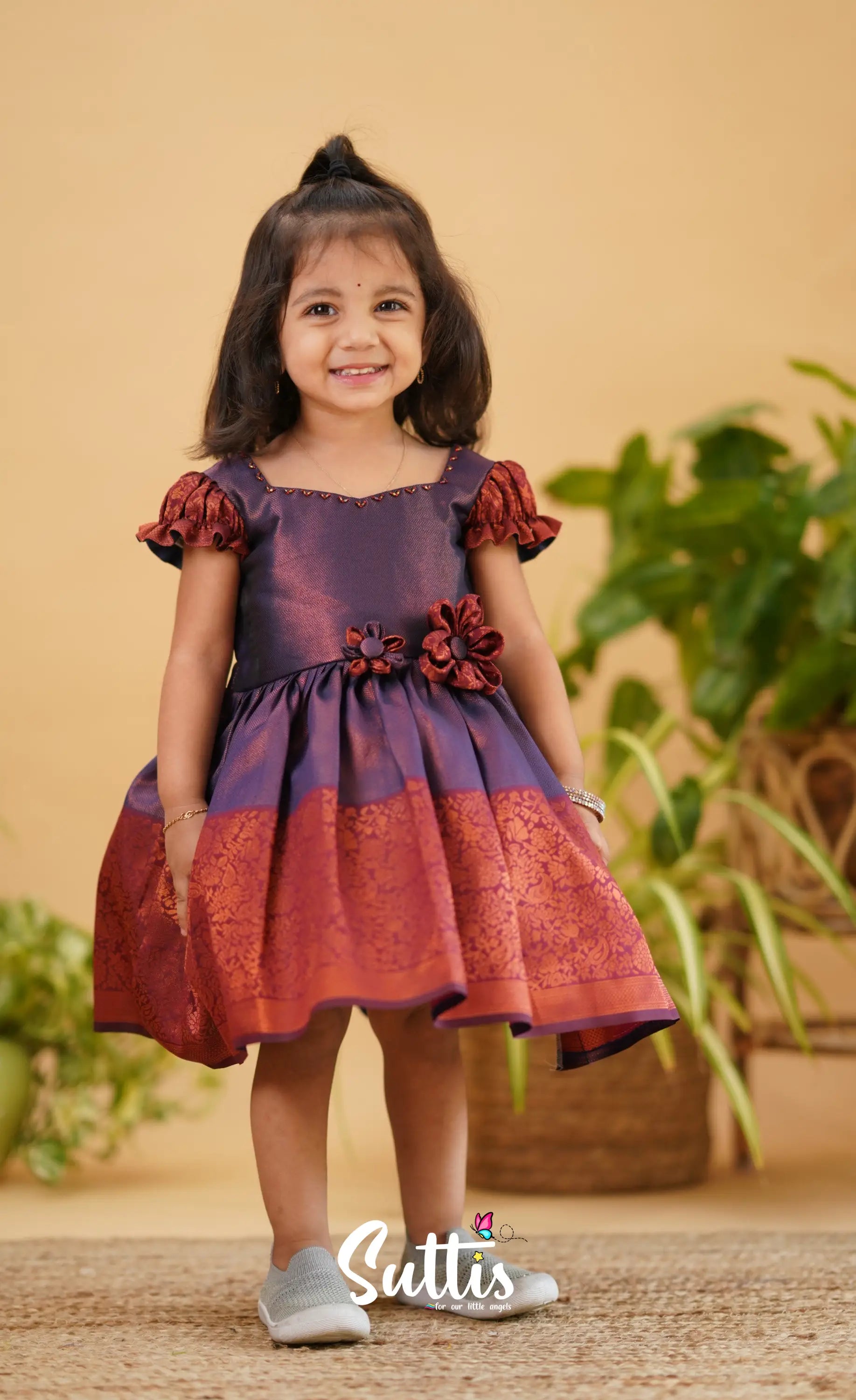 Raaga - Purple Shade And Maroon Tone Blended Silk Frock Kids-Suttis