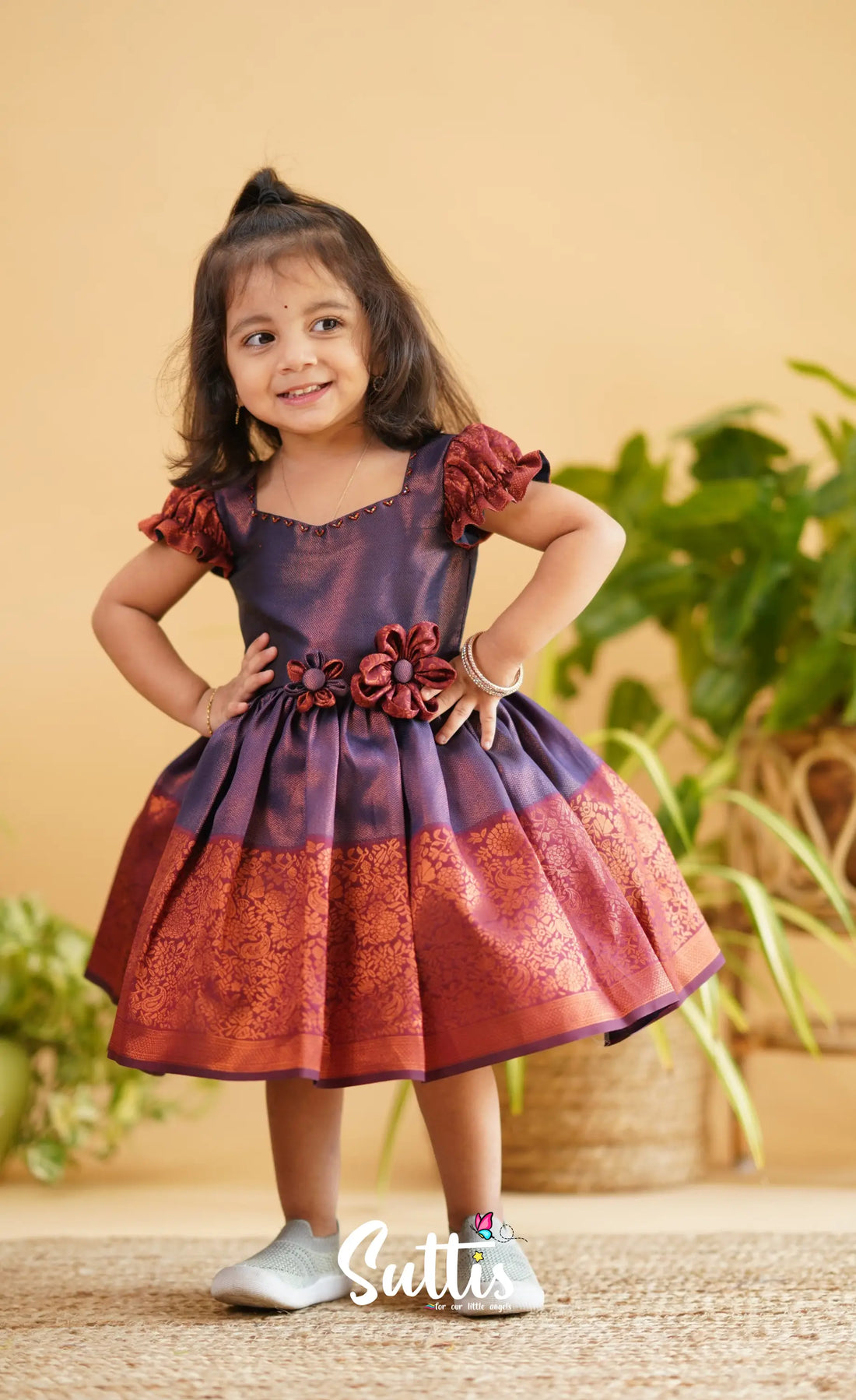 Raaga - Purple Shade And Maroon Tone Blended Silk Frock Kids-Suttis