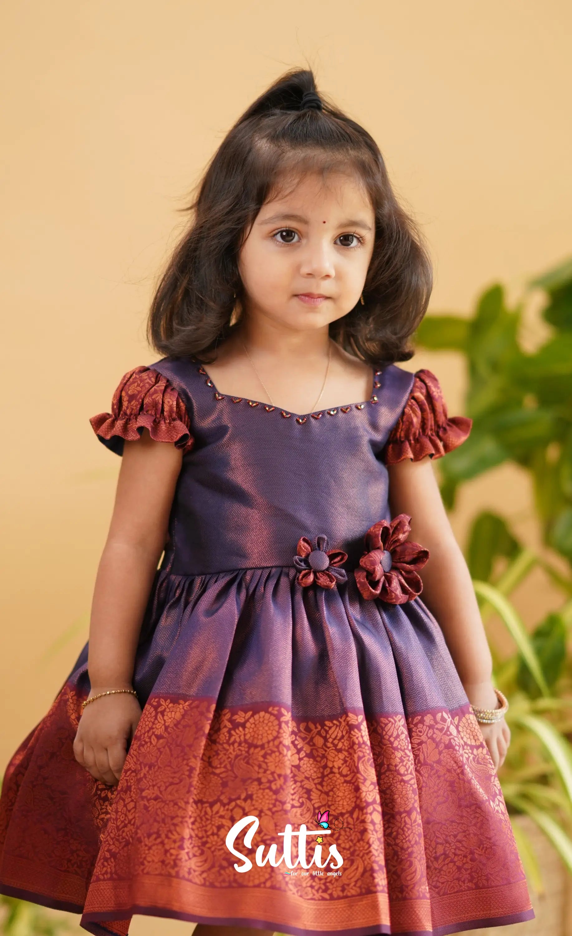 Raaga - Purple Shade And Maroon Tone Blended Silk Frock Kids-Suttis