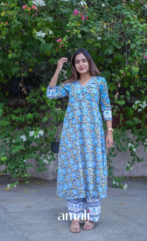Priyo - Blue and White Jaipur Print Cotton A-line kurti and pant - salwar