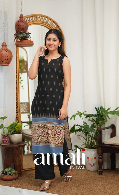 Priyo co-ord set- Black and Blue Cotton Straight Kurti with Pant - salwar