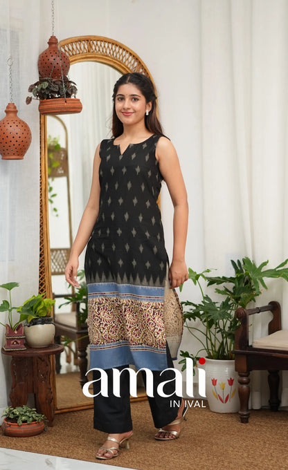 Priyo co-ord set- Black and Blue Cotton Straight Kurti with Pant - salwar