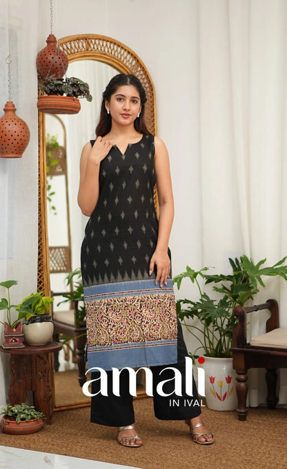 Priyo co-ord set- Black and Blue Cotton Straight Kurti with Pant - salwar