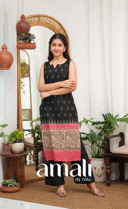 Priyo co-ord set- Black and Reddish Pink Cotton Straight Kurti with Pant - salwar