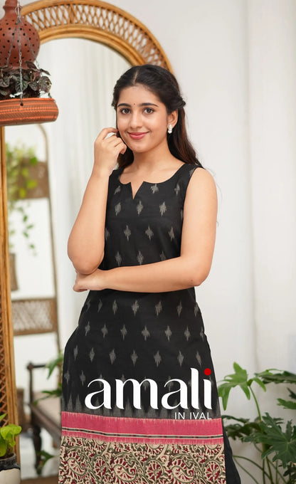 Priyo co-ord set- Black and Reddish Pink Cotton Straight Kurti with Pant - salwar