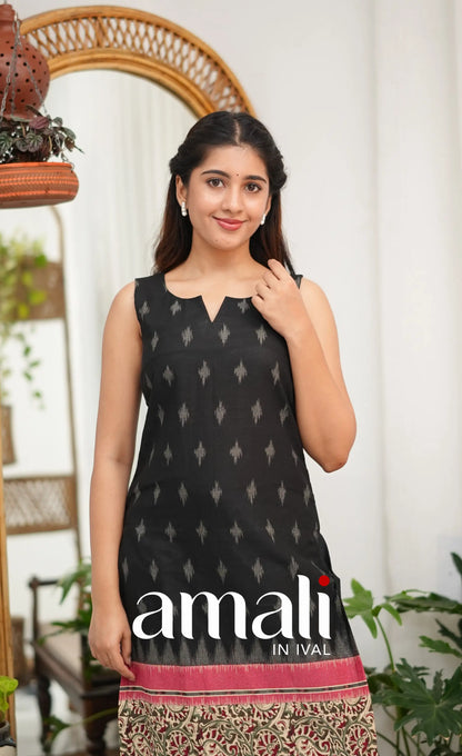 Priyo co-ord set- Black and Reddish Pink Cotton Straight Kurti with Pant - salwar