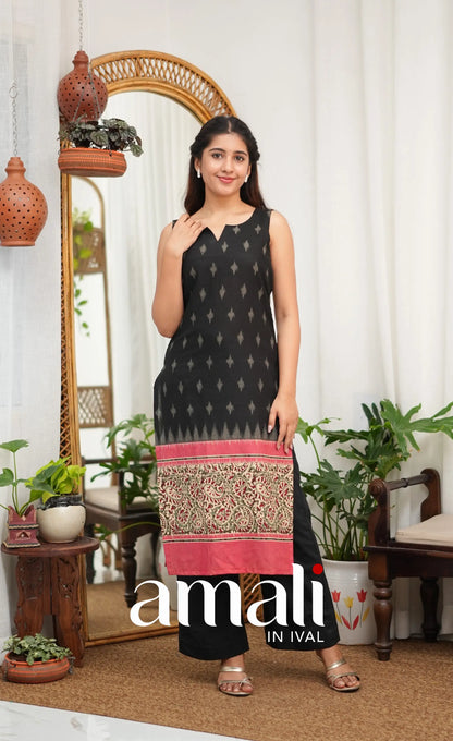 Priyo co-ord set- Black and Reddish Pink Cotton Straight Kurti with Pant - salwar