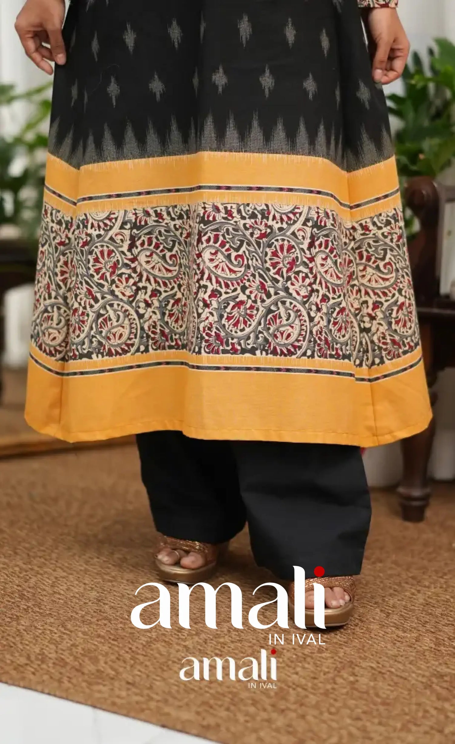 Priyo co-ord set - Black and Yellow Cotton A-Line Top with Pant - salwar