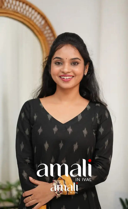 Priyo co-ord set - Black and Yellow Cotton A-Line Top with Pant - salwar