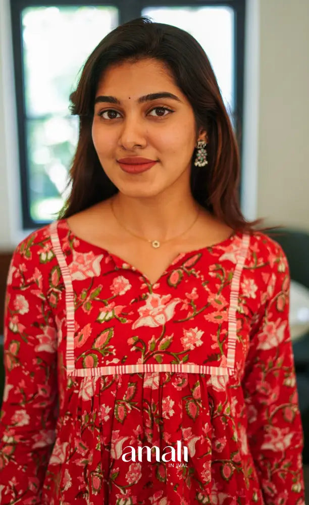 Priyo - Dark red and Light pink Jaipur Print Cotton A-line kurti and pant - salwar