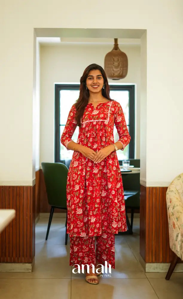 Priyo - Dark red and Light pink Jaipur Print Cotton A-line kurti and pant - salwar
