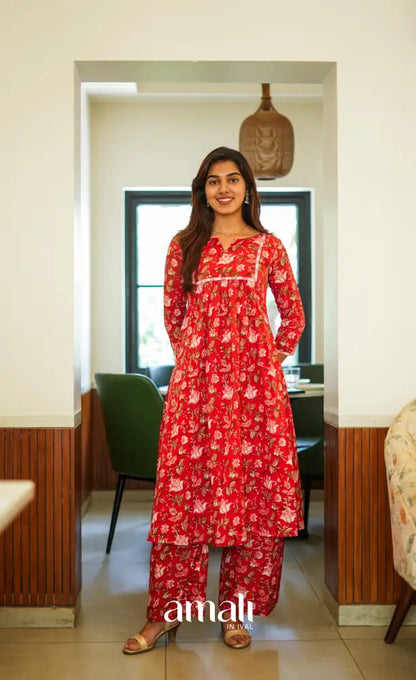Priyo - Dark red and Light pink Jaipur Print Cotton A-line kurti and pant - salwar