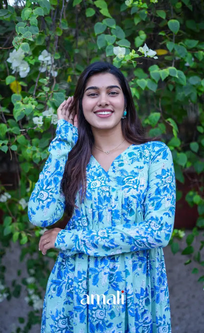 Priyo - Light blue Jaipur Print Cotton A-line kurti and pant - salwar