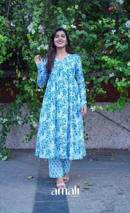Priyo - Light blue Jaipur Print Cotton A-line kurti and pant - salwar