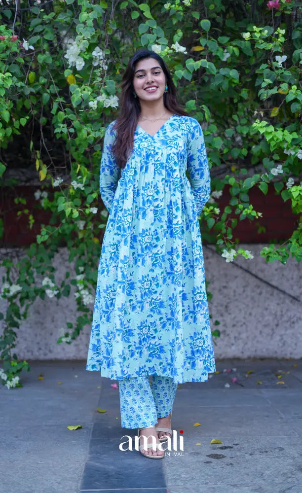 Priyo - Light blue Jaipur Print Cotton A-line kurti and pant - salwar