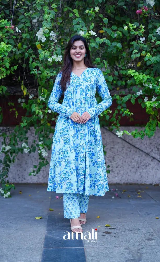 Priyo - Light blue Jaipur Print Cotton A-line kurti and pant - salwar
