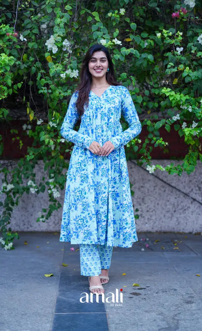 Priyo - Light blue Jaipur Print Cotton A-line kurti and pant - salwar