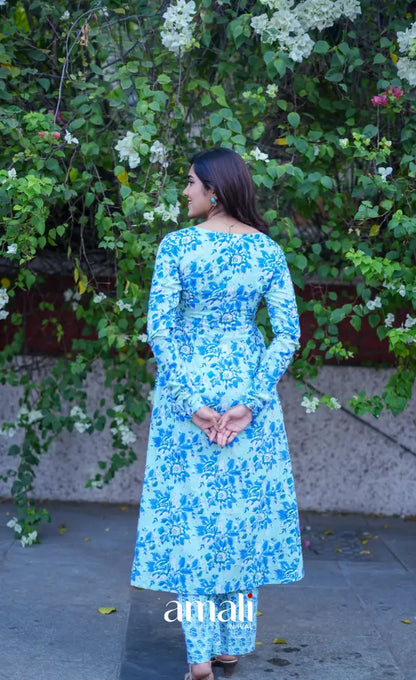 Priyo - Light blue Jaipur Print Cotton A-line kurti and pant - salwar