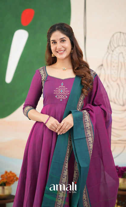 Purple and Deep teal Narayanpet Cotton Anarkali - Anarkalis