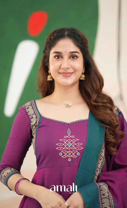 Purple and Deep teal Narayanpet Cotton Anarkali - Anarkalis