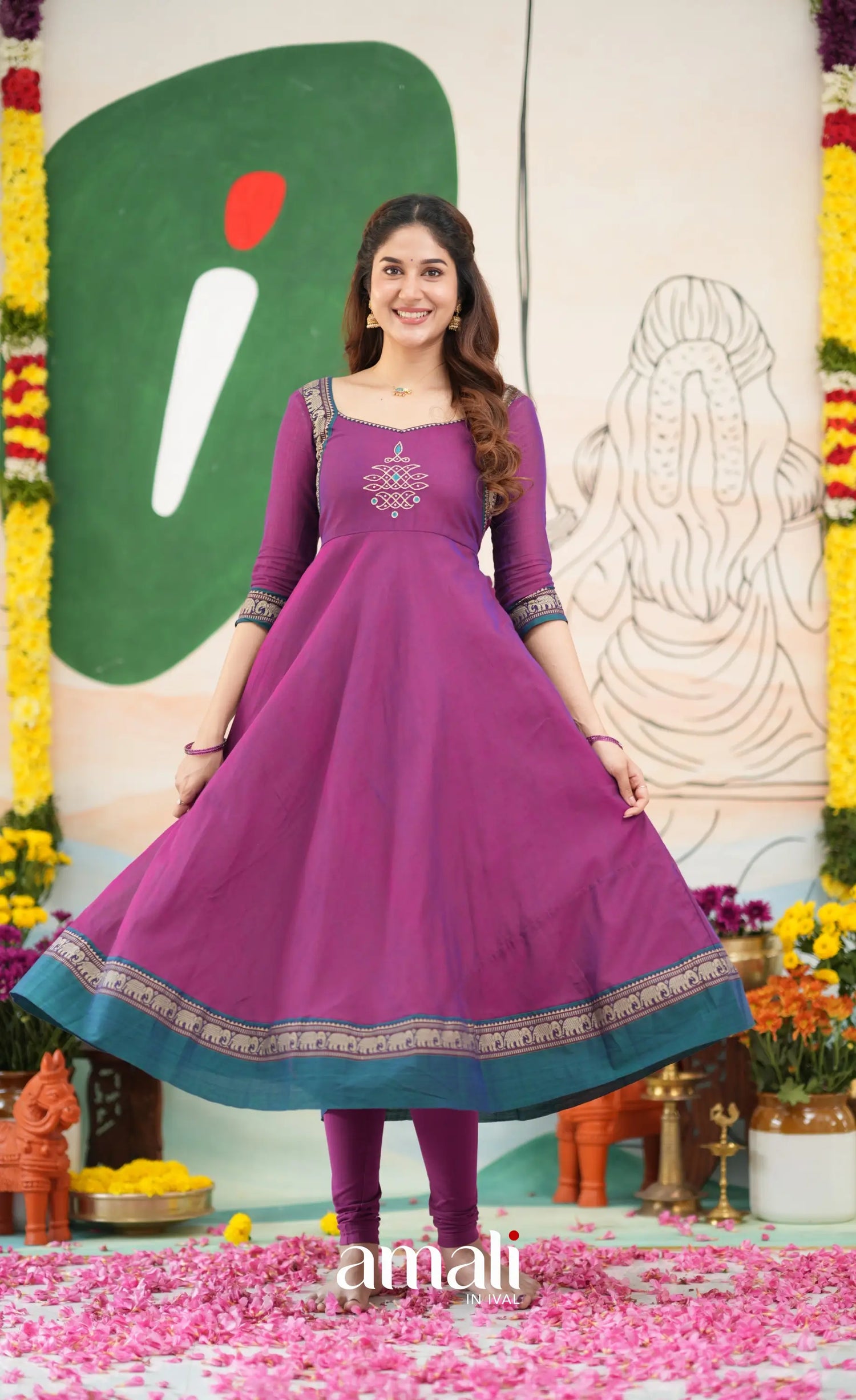 Purple and Deep teal Narayanpet Cotton Anarkali - Anarkalis