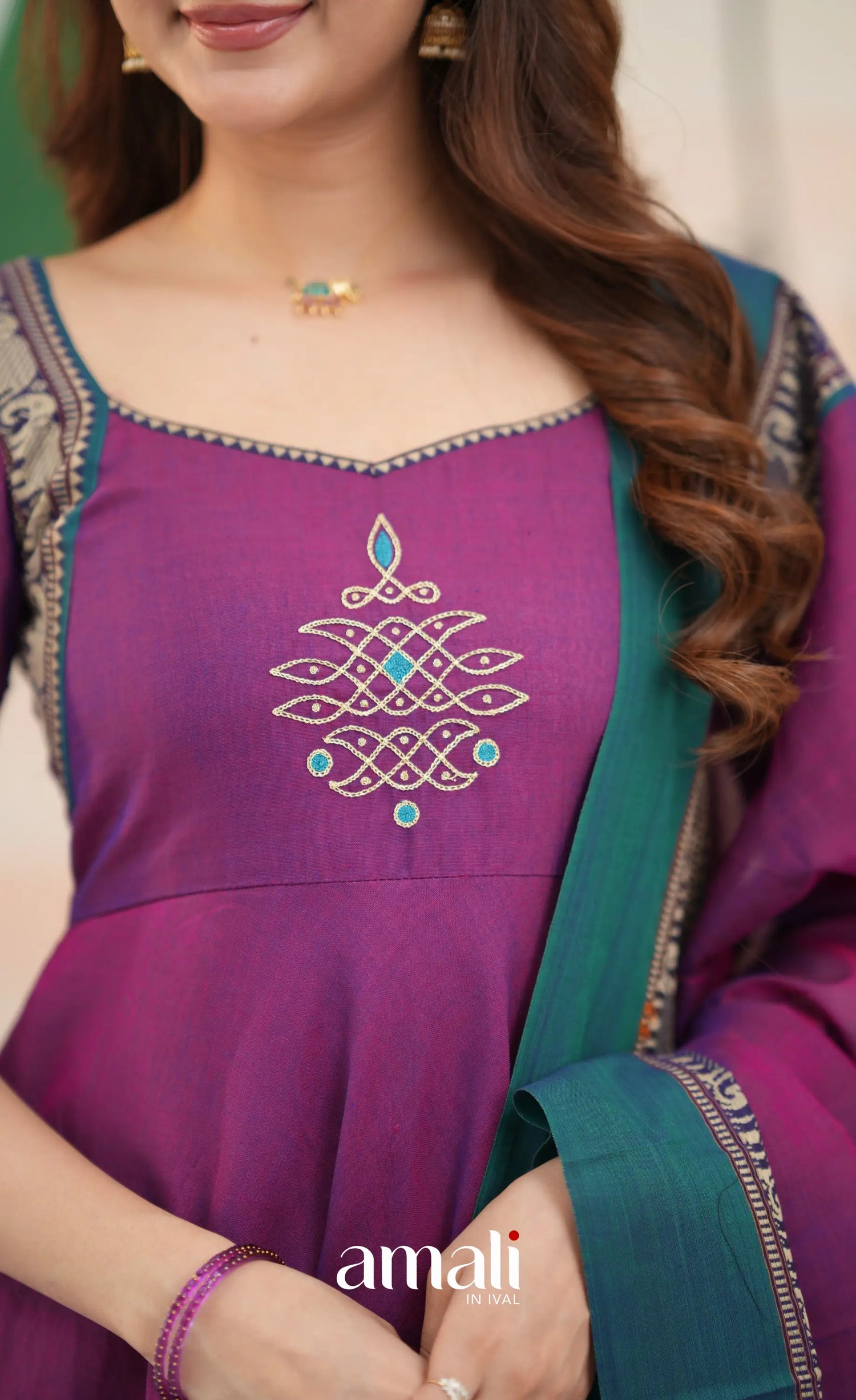 Purple and Deep teal Narayanpet Cotton Anarkali - Anarkalis