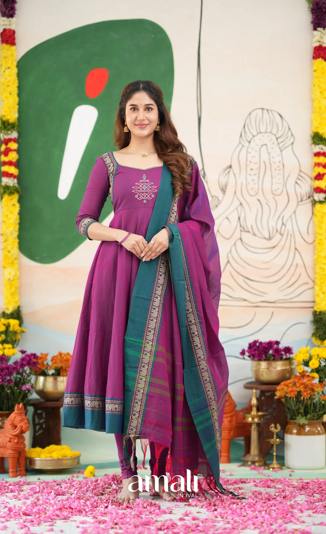 Purple and Deep teal Narayanpet Cotton Anarkali - Anarkalis