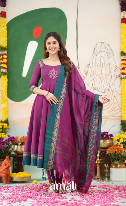 Purple and Deep teal Narayanpet Cotton Anarkali - Anarkalis