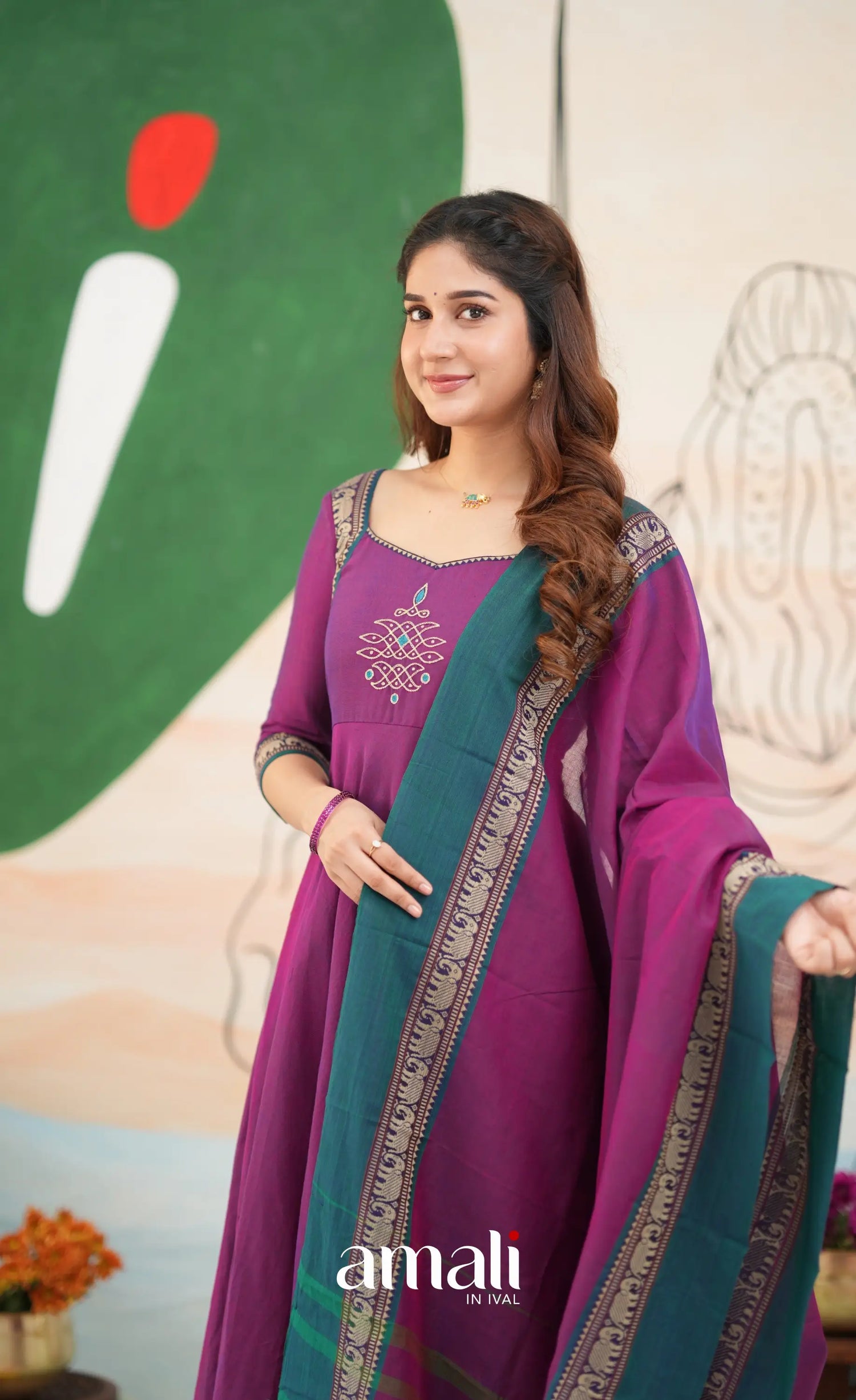 Purple and Deep teal Narayanpet Cotton Anarkali - Anarkalis