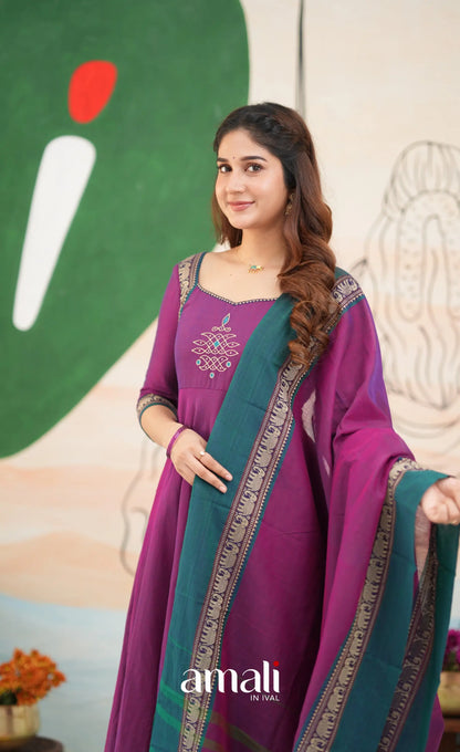 Purple and Deep teal Narayanpet Cotton Anarkali - Anarkalis