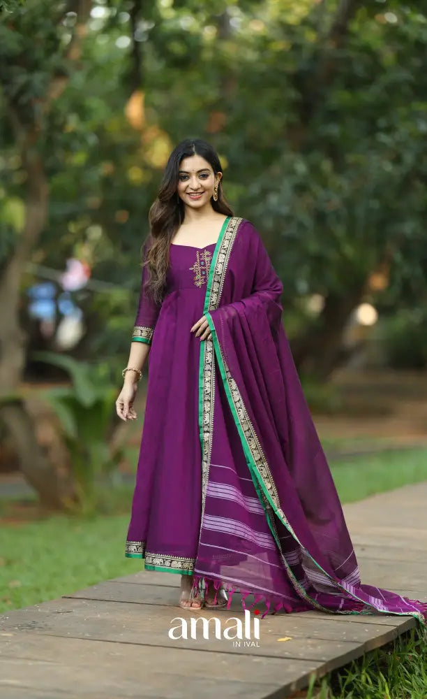 Purple and Green Narayanpet Cotton Anarkali - Anarkalis