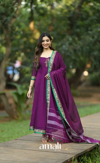 Purple and Green Narayanpet Cotton Anarkali - Anarkalis